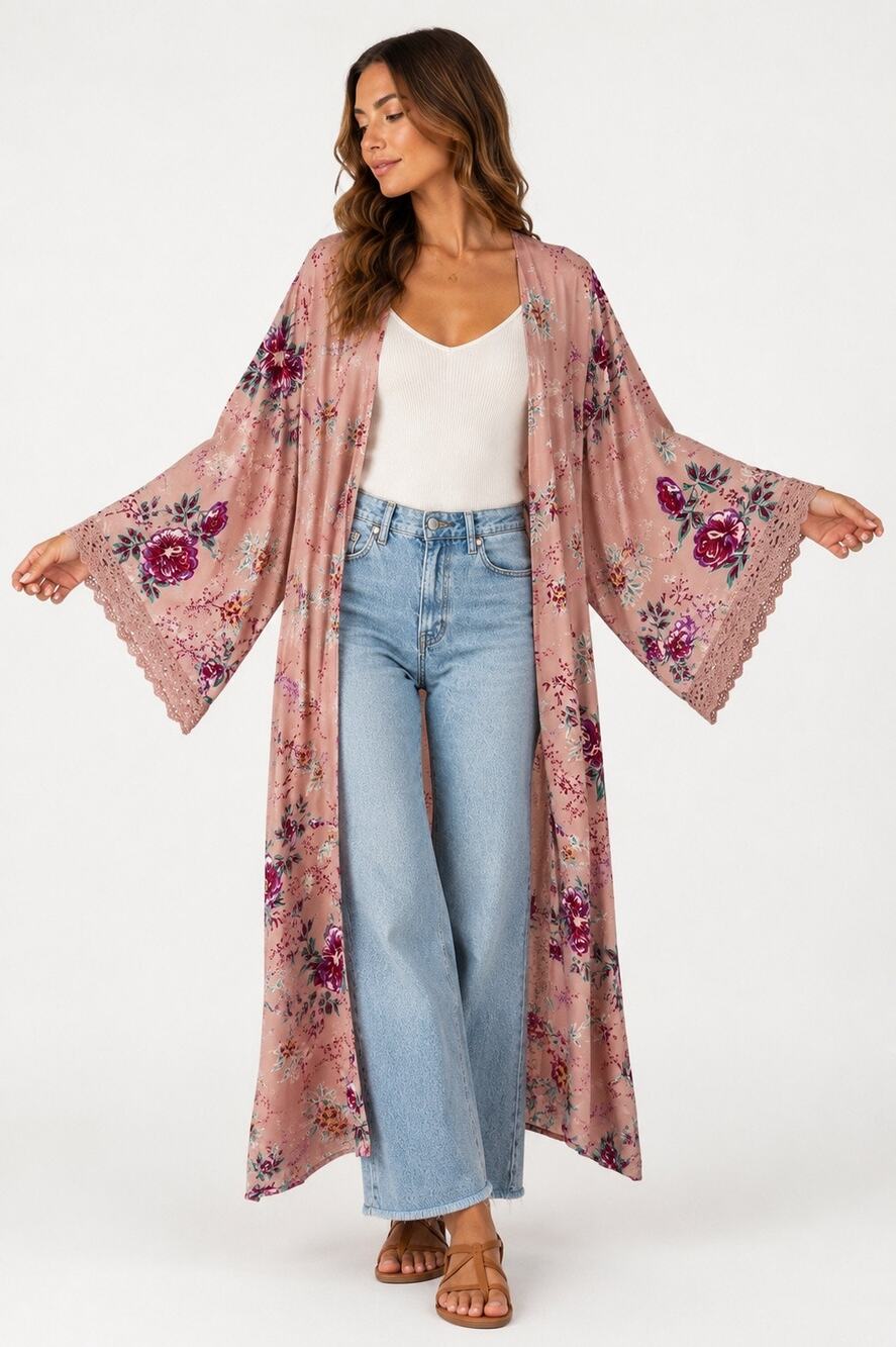 Angie Women M Pink Floral Kimono Duster Crochet Trim Boho Cottagecore Cardigan